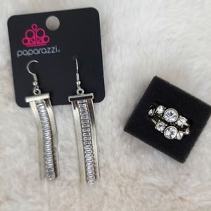 NWT Paparazzi Silver and White Rhinestone Earring and Ring Set